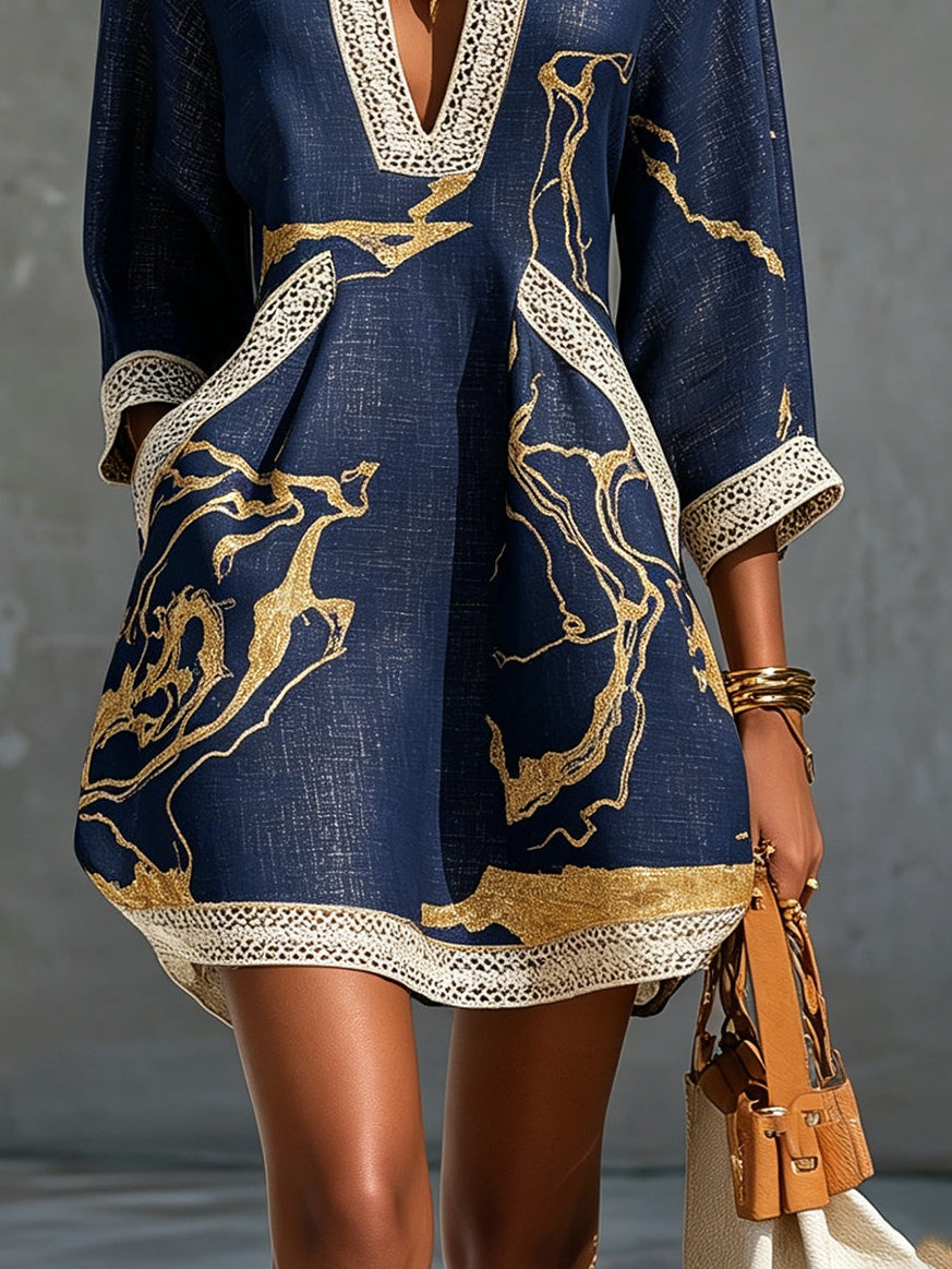 Ana Fernandez Sevilla - Vestido Astrée corto escote en V, azul marino y dorado, vista trasera