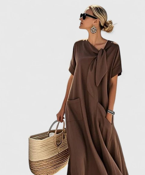 Inés | Vestido Largo Suelto con Lazo al Cuello y Bolsillos