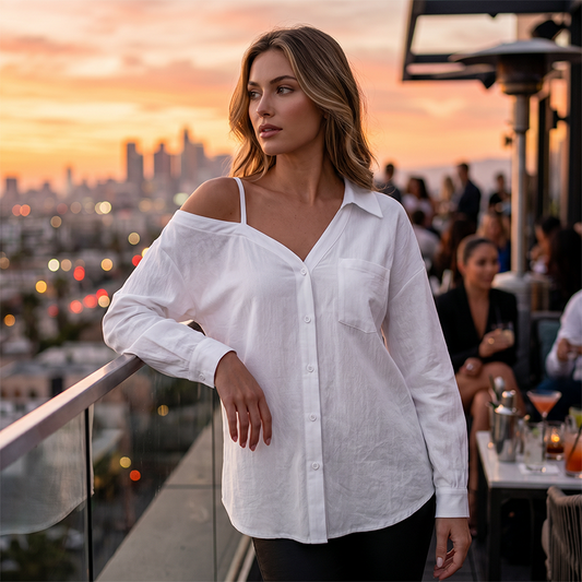 Ines — Camisa informal de mujer con hombros al aire y botones