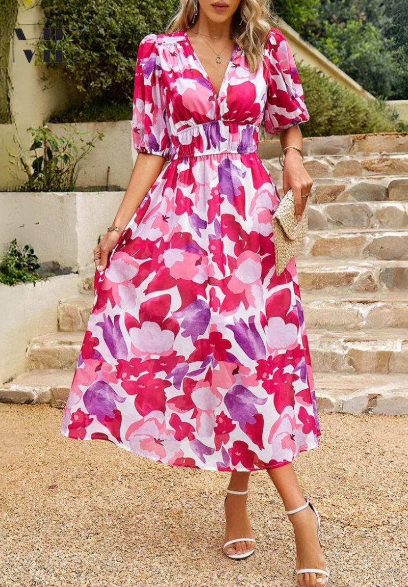 Marisol | Vestido Midi de Invitada con Estampado Floral y Mangas Abullonadas