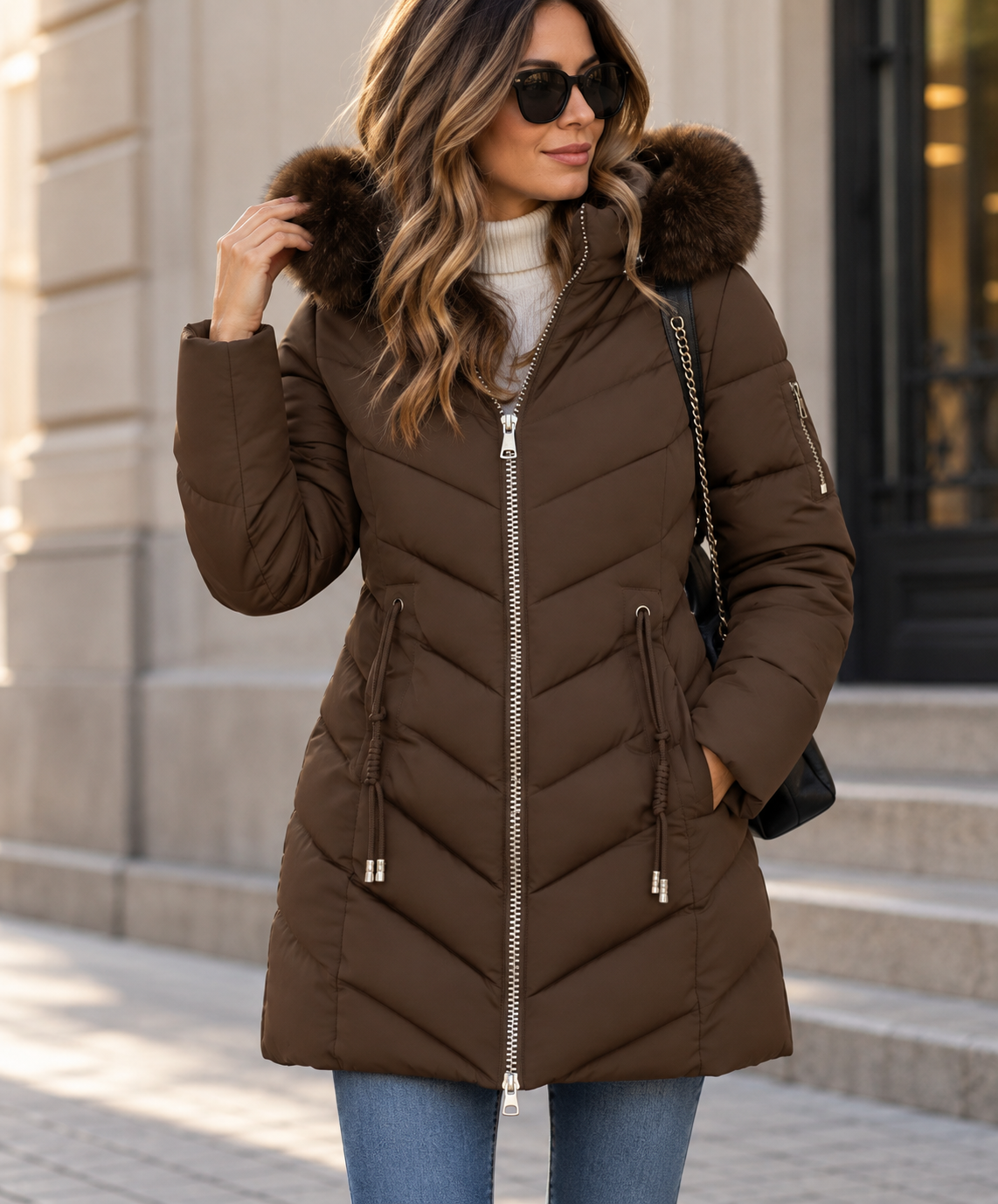 Chaqueta Acolchada Entallada con Capucha de Pelo