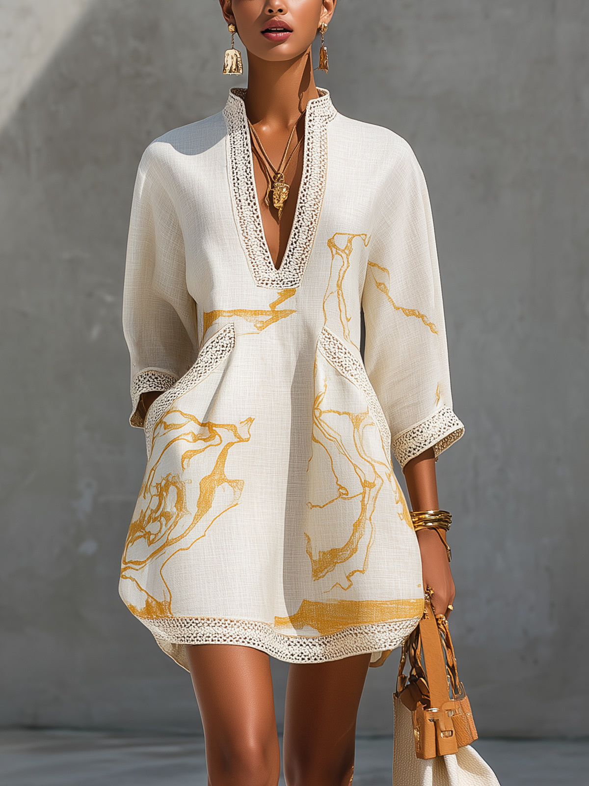 Ana Fernandez Sevilla - Vestido Aliénor corto crochet marfil y dorado