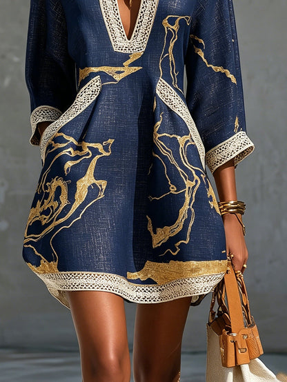 Ana Fernandez Sevilla - Vestido Astrée corto escote en V, azul marino y dorado, vista trasera