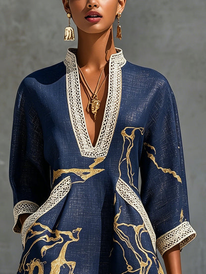 Ana Fernandez Sevilla - Vestido Astrée corto escote en V, azul marino y dorado, vista lateral