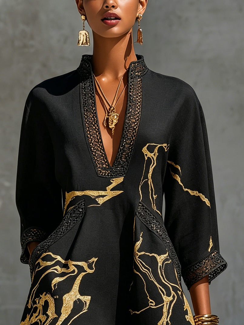 Ana Fernandez Sevilla - Vestido Emmeline corto crochet negro y dorado, vista lateral