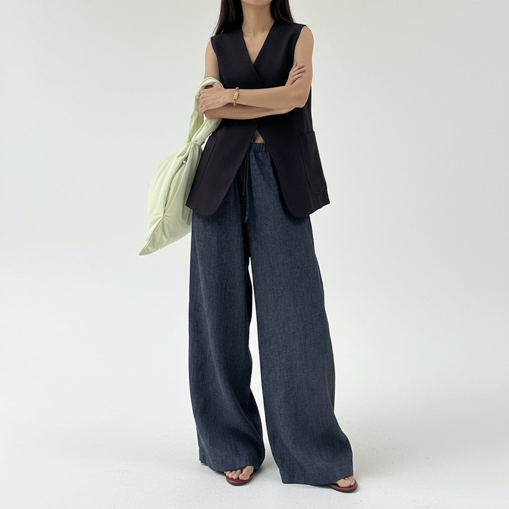 Alicia | Pantalón Azul Índigo de Corte Recto Algodón y Lino