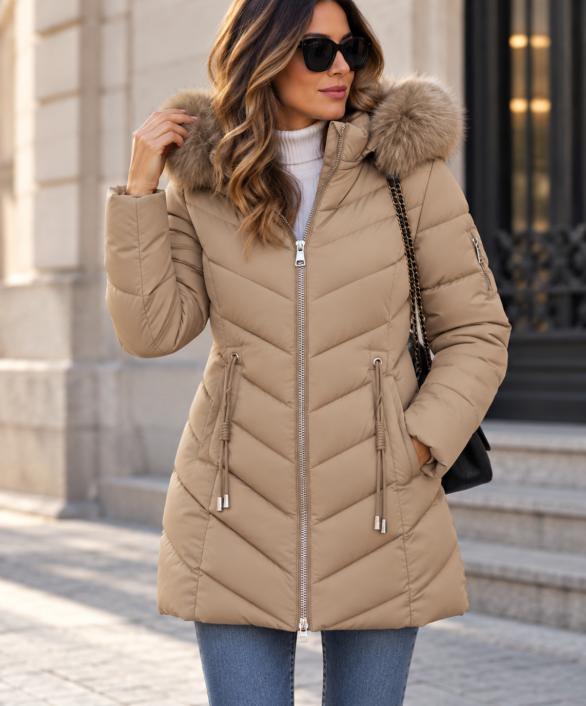 Chaqueta Acolchada Entallada con Capucha de Pelo