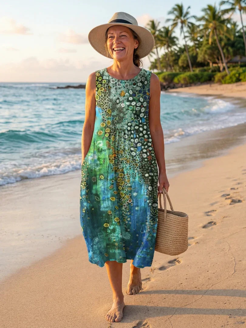 Coral | Vestido Midi Geométrico Sin Mangas