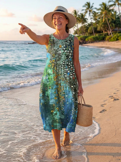 Coral | Vestido Midi Geométrico Sin Mangas