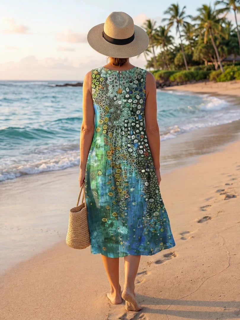 Coral | Vestido Midi Geométrico Sin Mangas
