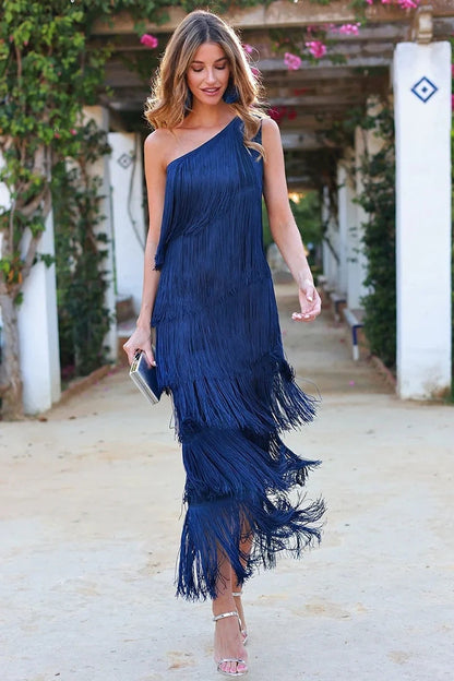 Esperanza | Vestido Largo Asimétrico Un Hombro Flecos