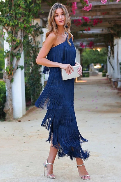 Esperanza | Vestido Largo Asimétrico Un Hombro Flecos