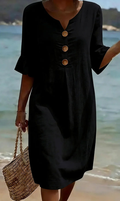Vanesa™ | Vestido con textura de lino con manga abullonada y botones