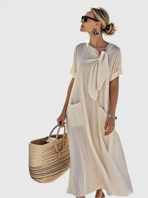 Inés | Vestido Largo Suelto con Lazo al Cuello y Bolsillos