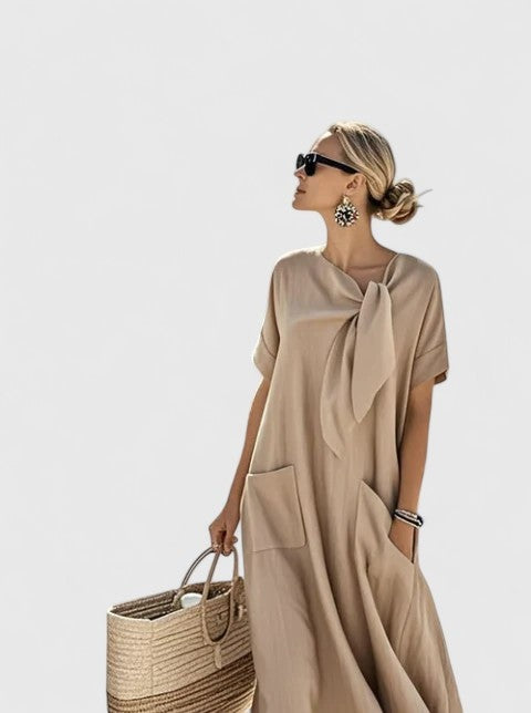 Inés | Vestido Largo Suelto con Lazo al Cuello y Bolsillos