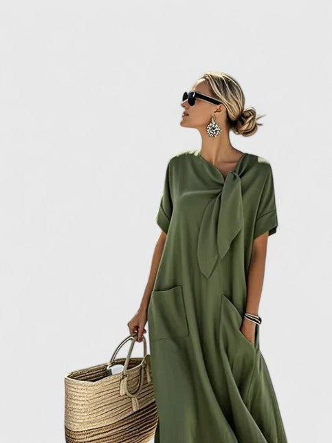 Inés | Vestido Largo Suelto con Lazo al Cuello y Bolsillos