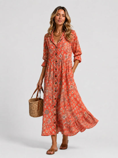 Nuria | Vestido Largo Camisero con Estampado Artístico