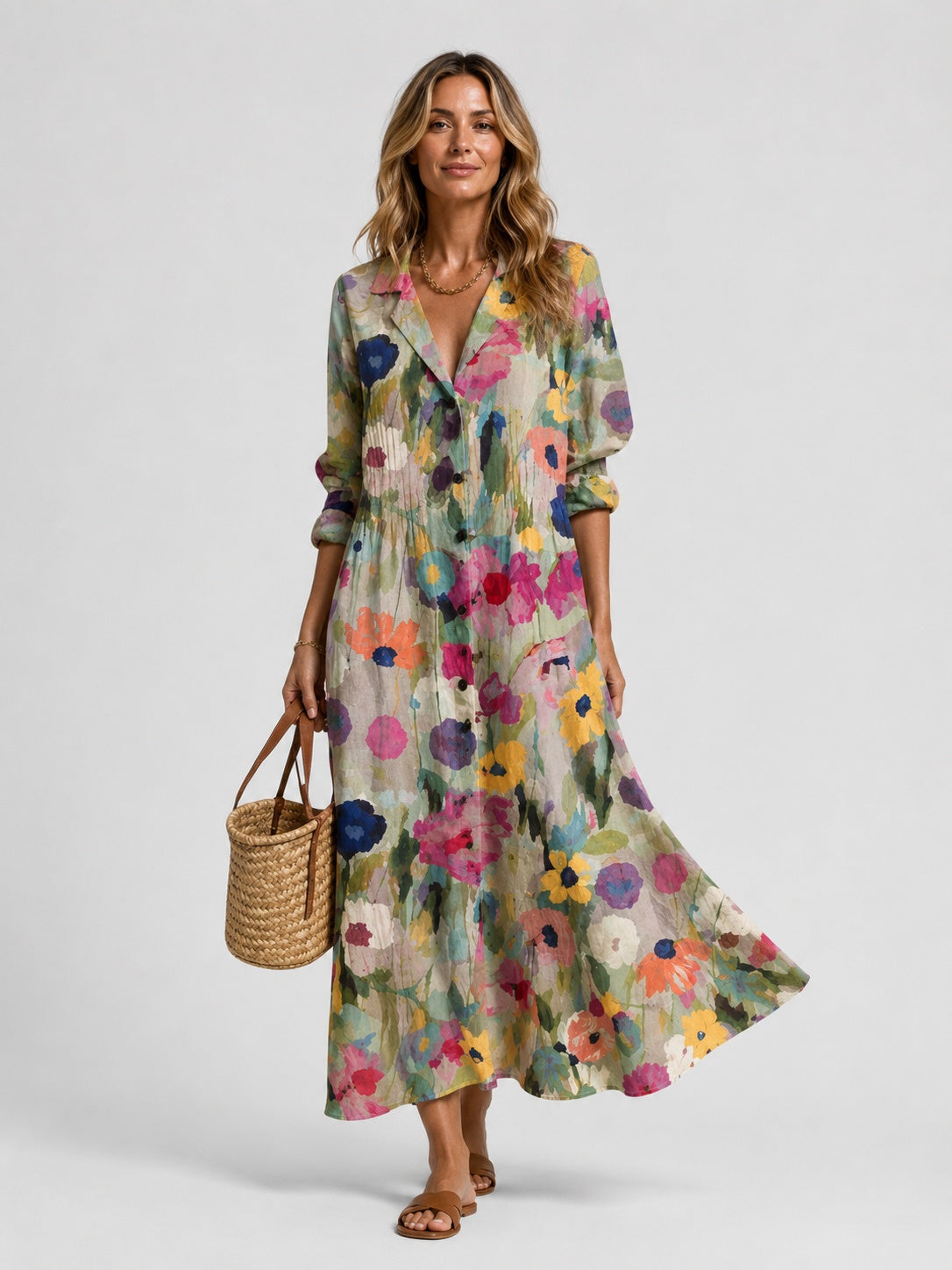 Nuria | Vestido Largo Camisero con Estampado Artístico