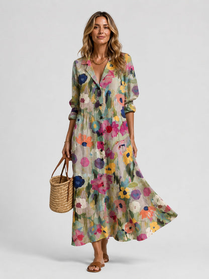 Nuria | Vestido Largo Camisero con Estampado Artístico