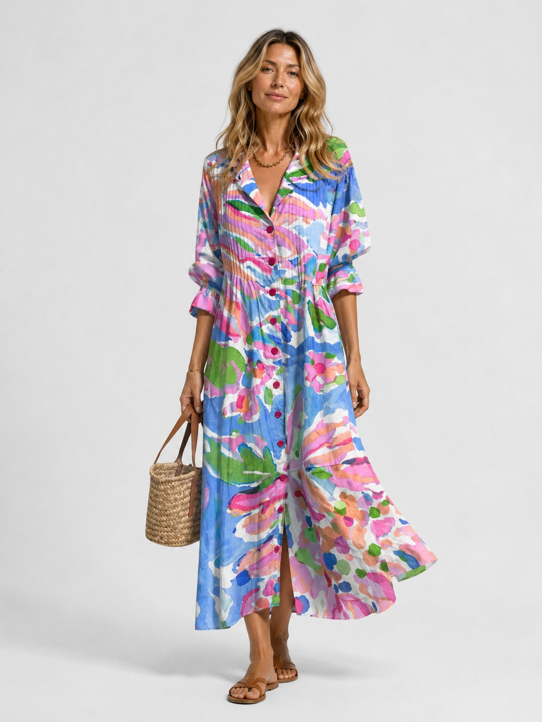 Nuria | Vestido Largo Camisero con Estampado Artístico
