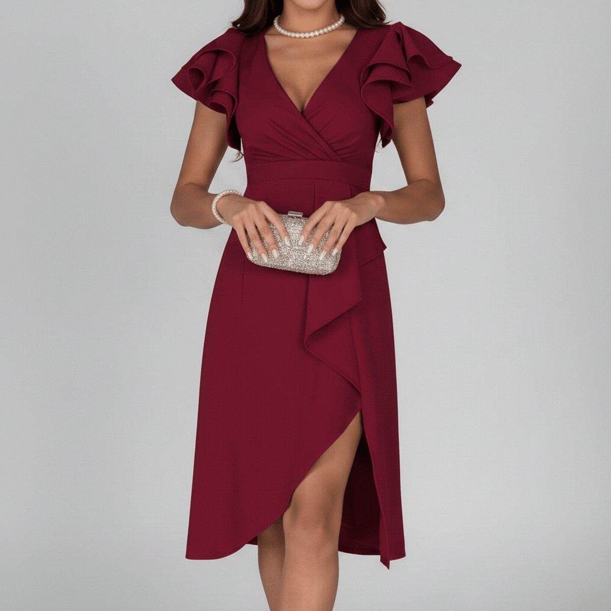 Remedios | Vestido Invitada Otoño Volantes Escote V Asimétrico