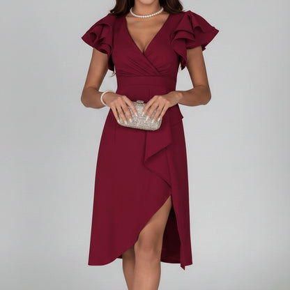 Remedios | Vestido Invitada Otoño Volantes Escote V Asimétrico