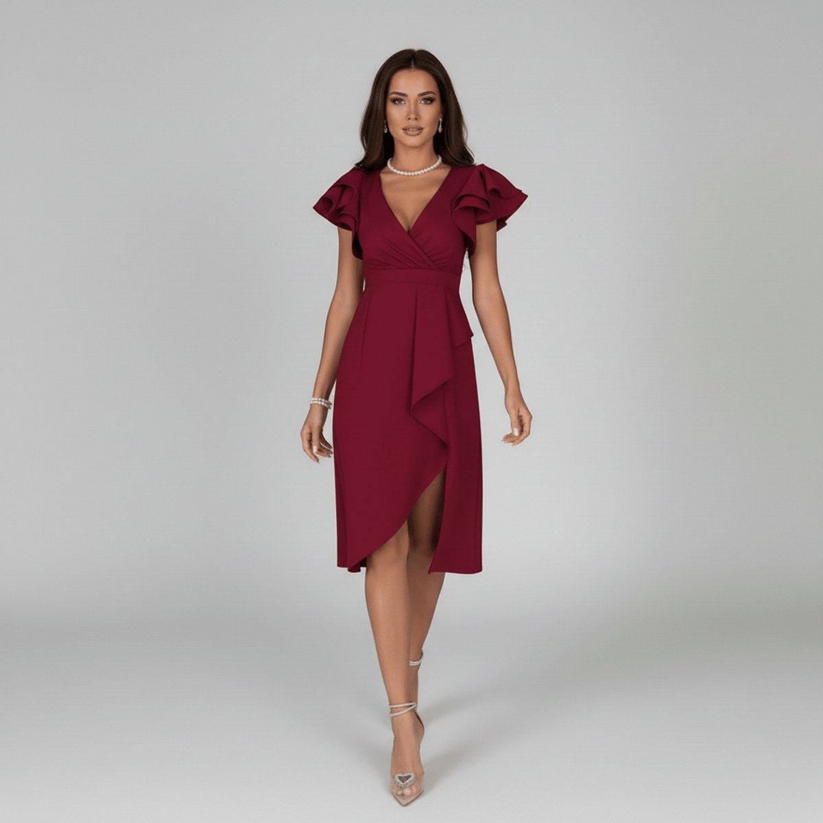 Remedios | Vestido Invitada Otoño Volantes Escote V Asimétrico