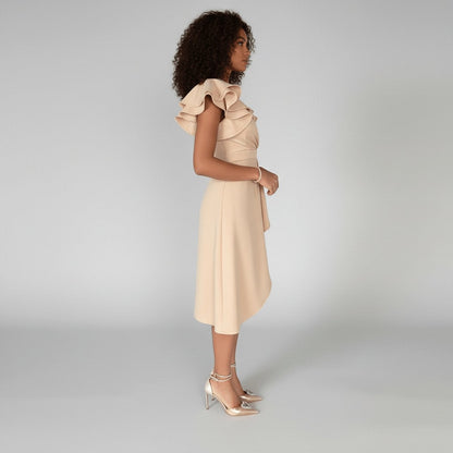 Remedios | Vestido Invitada Otoño Volantes Escote V Asimétrico