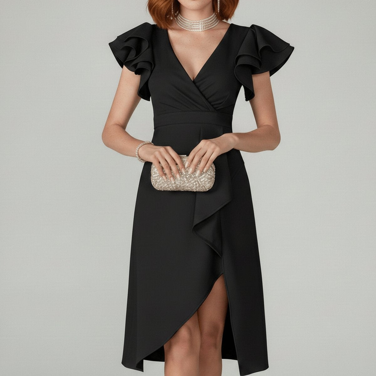 Remedios | Vestido Invitada Otoño Volantes Escote V Asimétrico