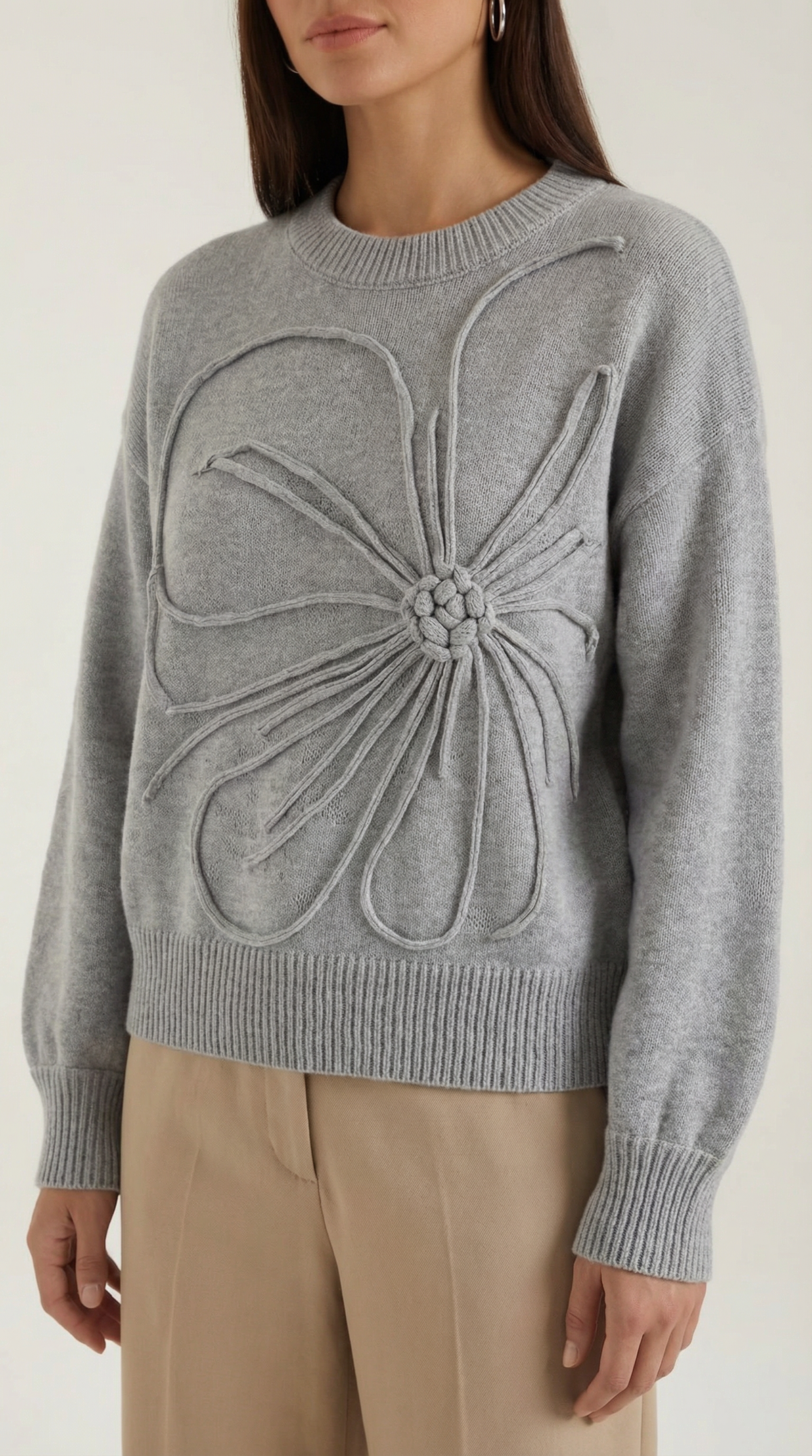 Salud | Jersey de Punto Floral en Relieve Cuello Redondo Holgado
