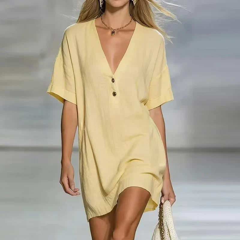 Soledad | Vestido Camisero Corto Lino Escote V Botones