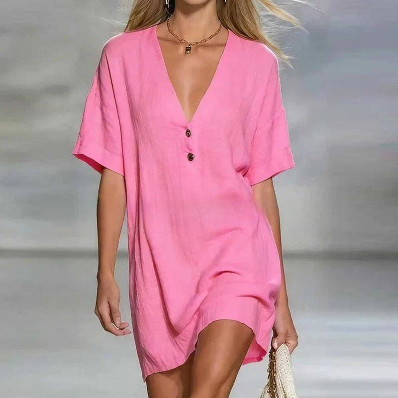 Soledad | Vestido Camisero Corto Lino Escote V Botones