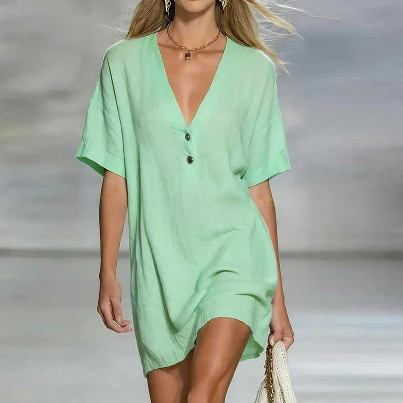 Soledad | Vestido Camisero Corto Lino Escote V Botones