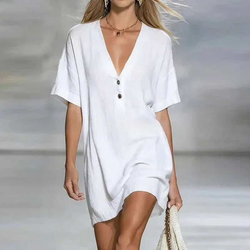 Soledad | Vestido Camisero Corto Lino Escote V Botones