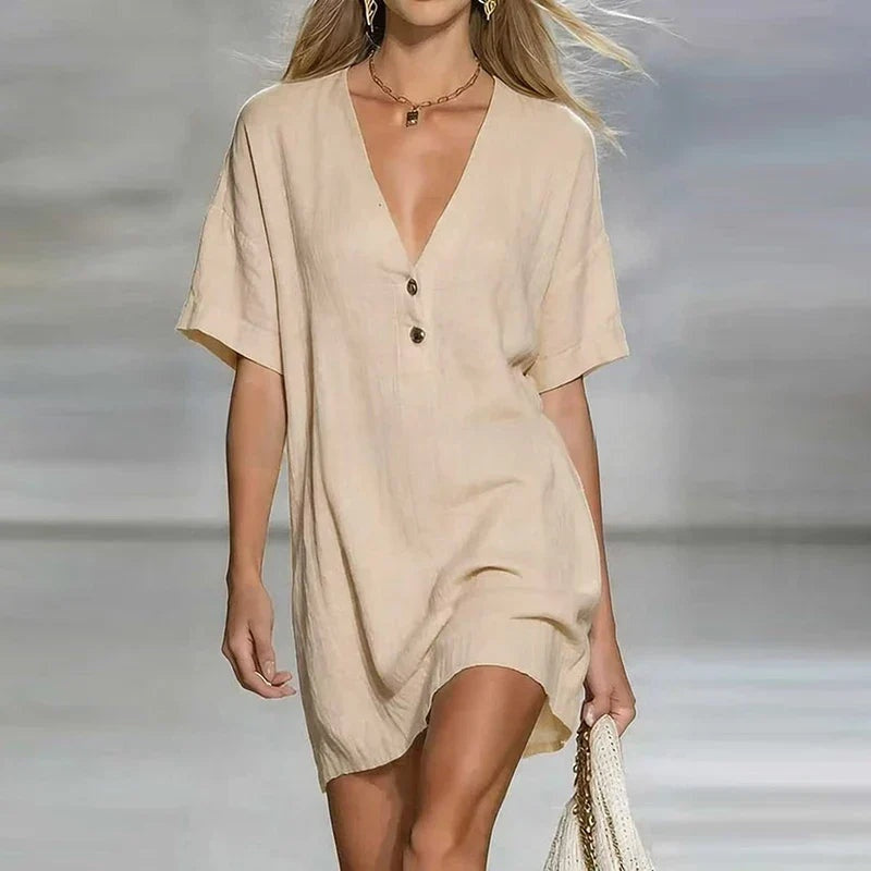 Soledad | Vestido Camisero Corto Lino Escote V Botones