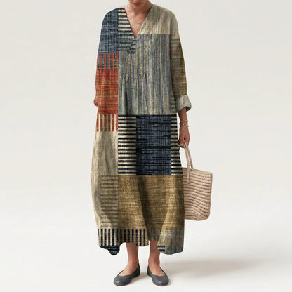 Esther | Vestido Largo Geométrico Patchwork Escote V