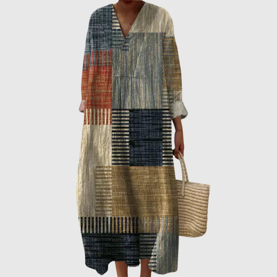 Esther | Vestido Largo Geométrico Patchwork Escote V