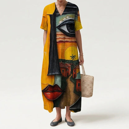 Esther | Vestido Largo Geométrico Patchwork Escote V