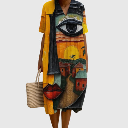Esther | Vestido Largo Geométrico Patchwork Escote V