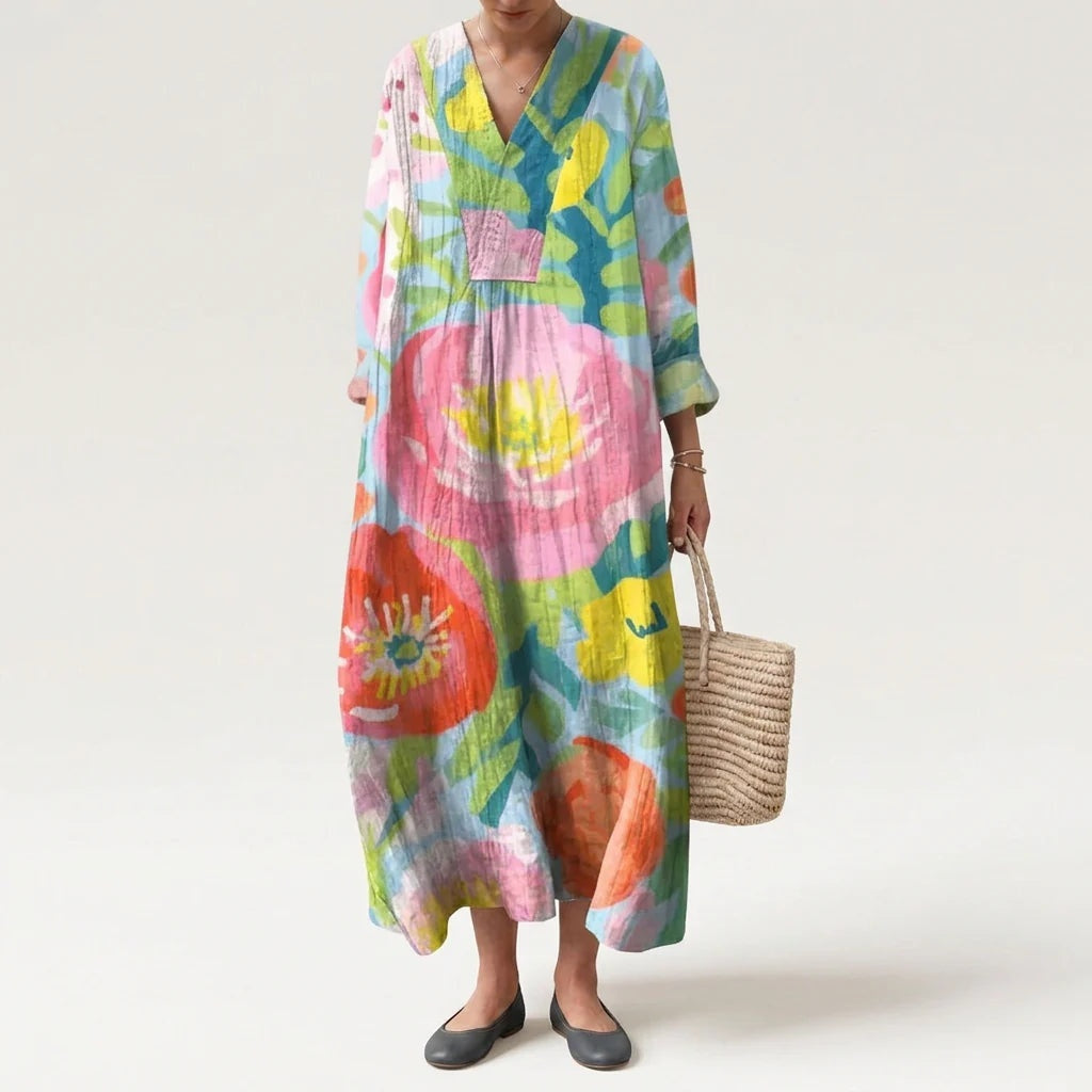 Esther | Vestido Largo Geométrico Patchwork Escote V