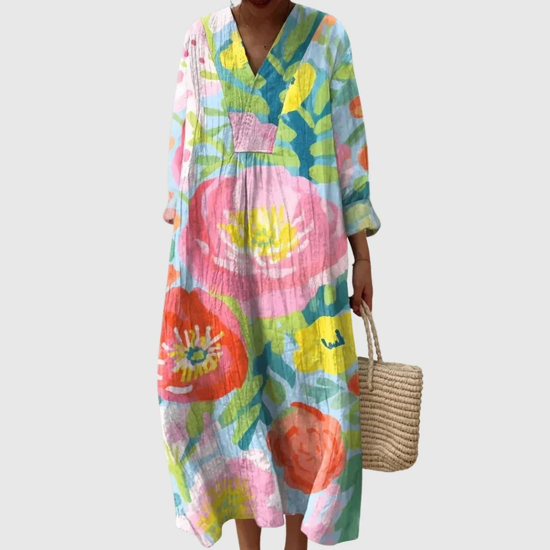 Esther | Vestido Largo Geométrico Patchwork Escote V
