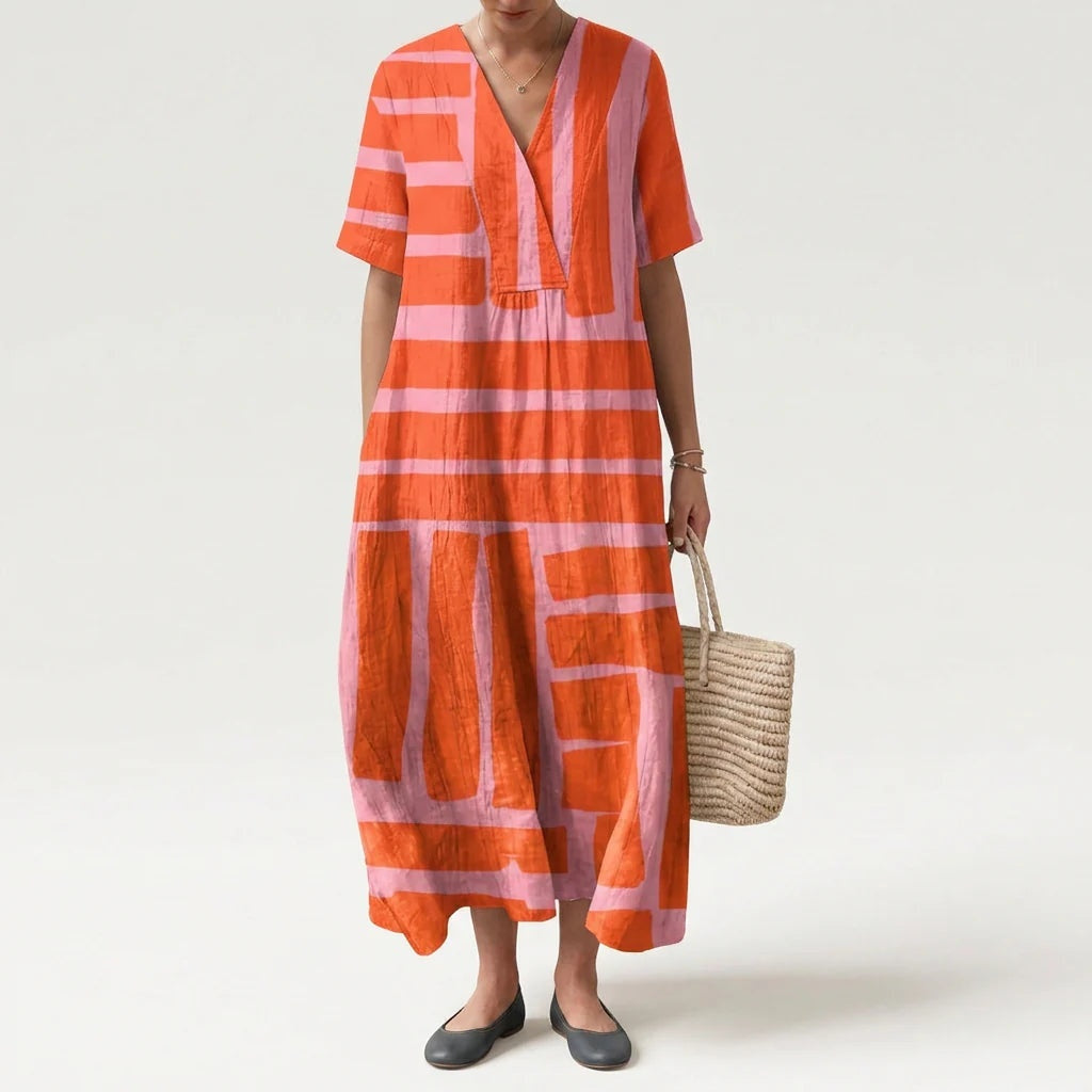 Esther | Vestido Largo Geométrico Patchwork Escote V