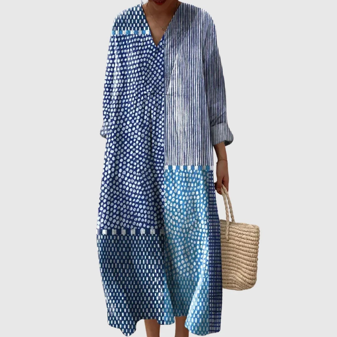 Esther | Vestido Largo Geométrico Patchwork Escote V