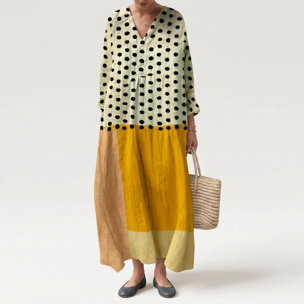 Esther | Vestido Largo Geométrico Patchwork Escote V
