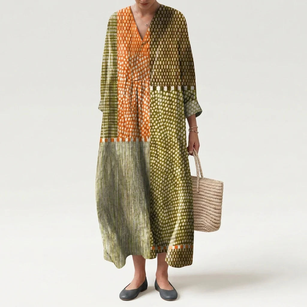 Esther | Vestido Largo Geométrico Patchwork Escote V