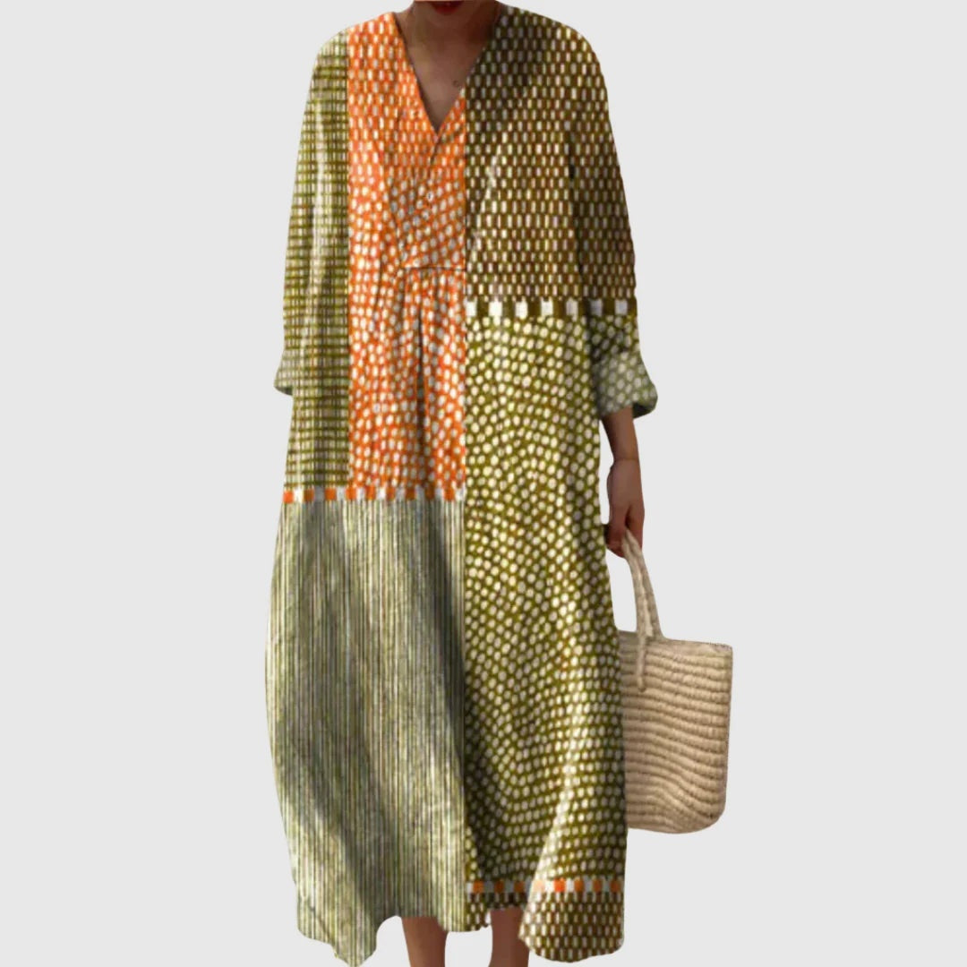 Esther | Vestido Largo Geométrico Patchwork Escote V