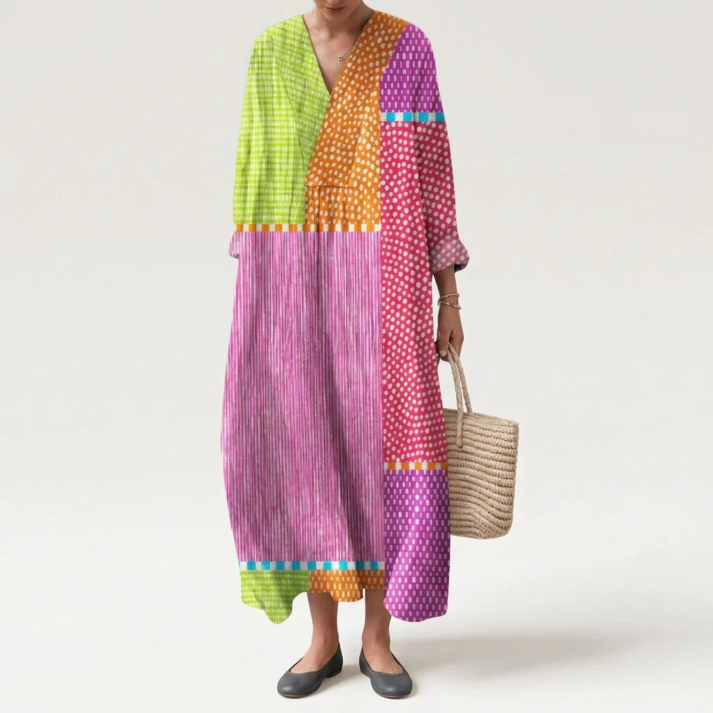 Esther | Vestido Largo Geométrico Patchwork Escote V