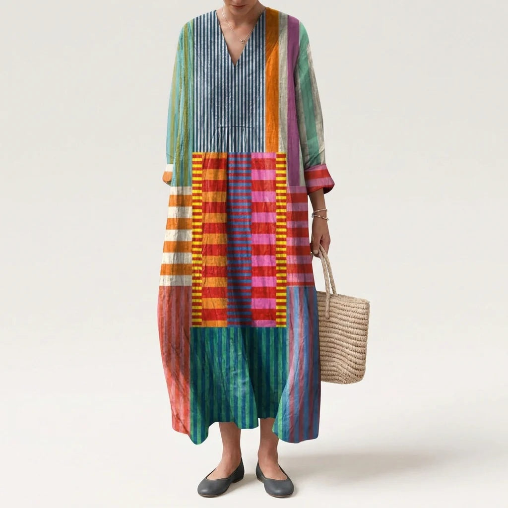 Esther | Vestido Largo Geométrico Patchwork Escote V