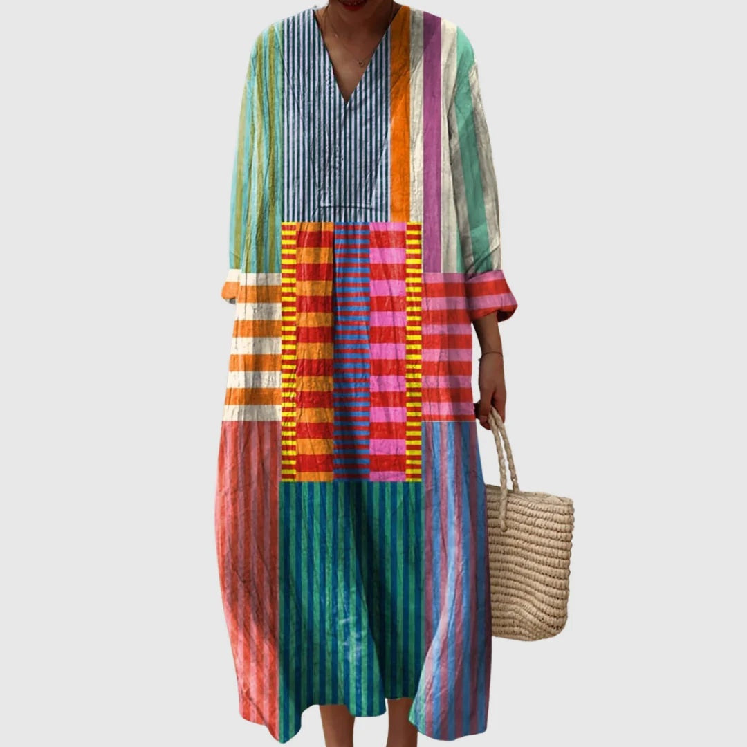 Esther | Vestido Largo Geométrico Patchwork Escote V