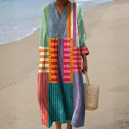 Esther | Vestido Largo Geométrico Patchwork Escote V